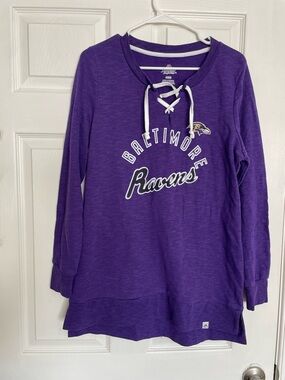 Majestic Ravens Purple Fan Fashion Long Shirt with White Trim Women’s Medium